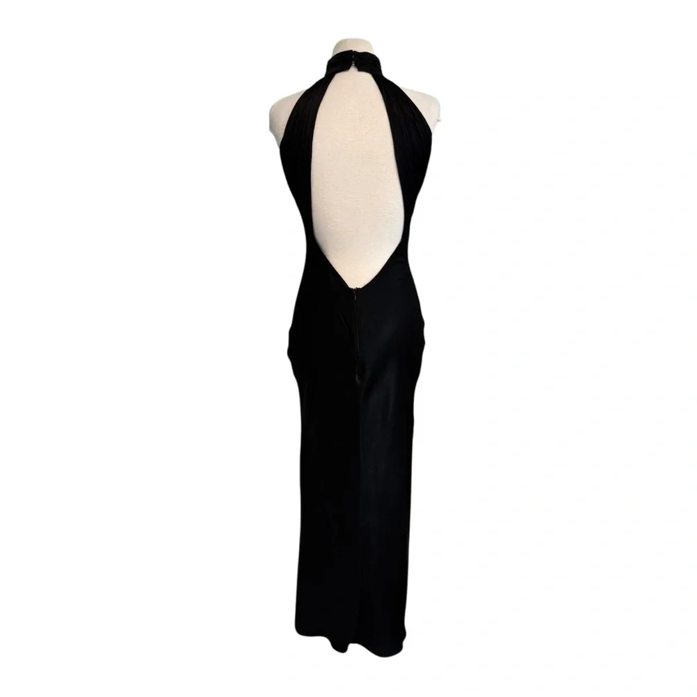 Satin Drape Back Maxi Dress with Split Black Small - Picture 10 of 15